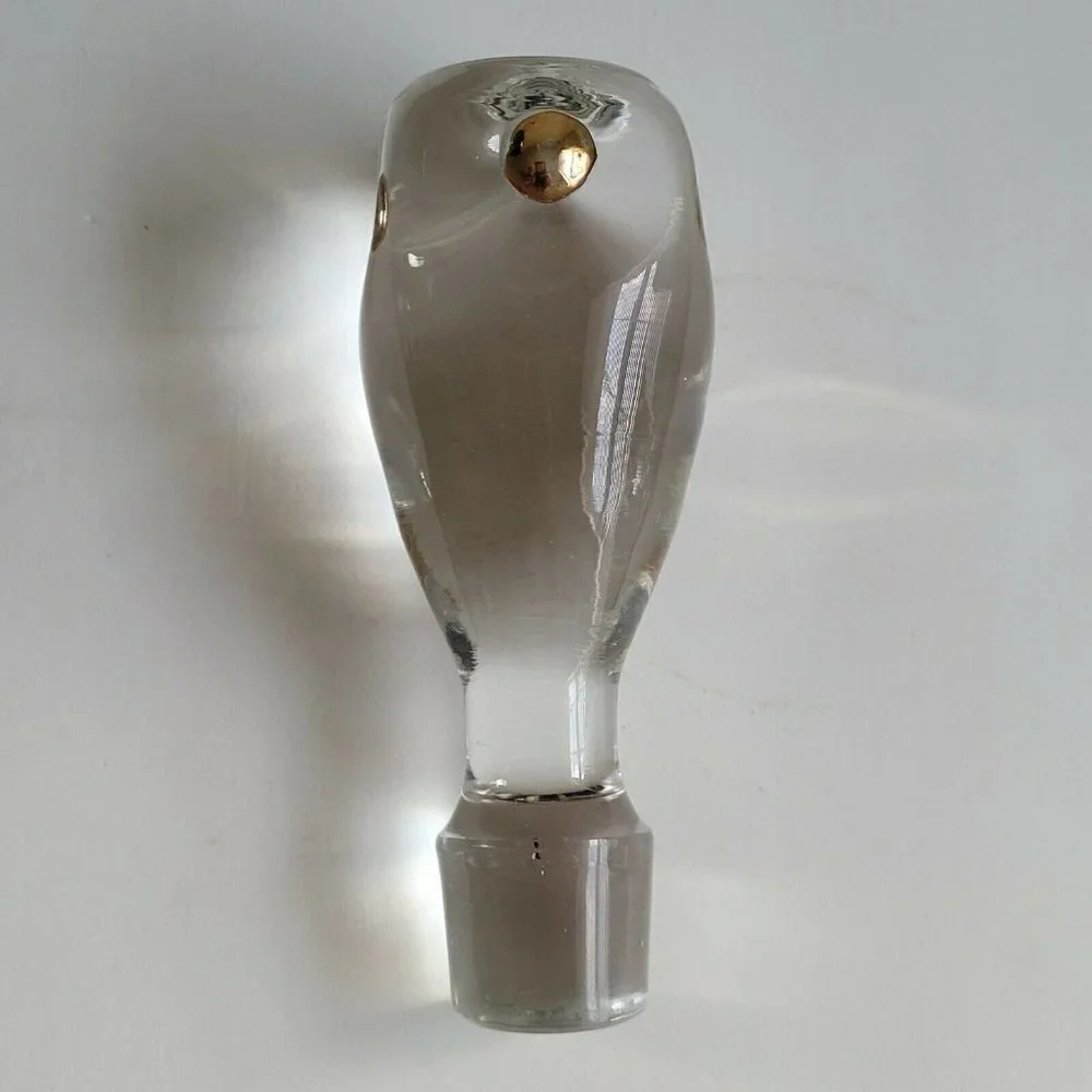 Vtg MCM Glass Decanter Stopper Bottle Topper Clear Gold Button Detail 4.25